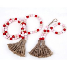 3 Pack Valentine&#39;S Day Wood Bead Garland With Tassel,Rustic Wooden Bead Decor Fa - £13.61 GBP