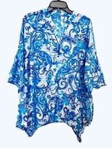 Womens M Turquoise &amp; Blue Paisley Print Semi Sheer Shark Bite Hem 3/4 Sleeve Top - £10.35 GBP