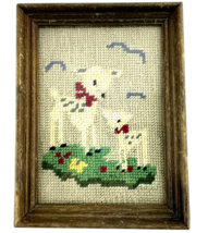 Finished Cross Stitch  White Doe and Fawn with Red Bows on Necks Framed ... - $19.24