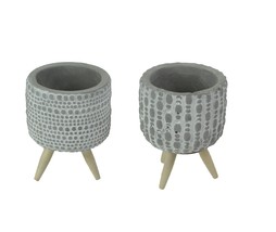 Scratch &amp; Dent Set of 2 Geometric Circle Design Cement Mini Planters Wooden Legs - £19.83 GBP