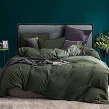 Dark Moss Green Color Washed Cotton Duvet Cover with Buttons- Duvet Cove... - £50.78 GBP+