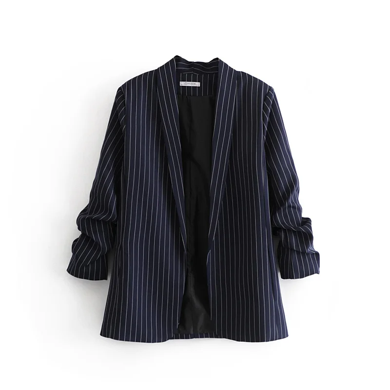  women euro style casual striped print open stitch blazer female side pocket ple - £117.37 GBP