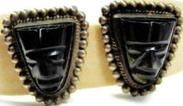 Screw Back Earrings Black Onyx Carved Tribal Face Vintage Sterling Silver Patina - £108.40 GBP