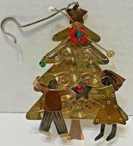 Vintage Metal Christmas Tree with Boy and Girl Gold Ornament Beaded 4 Inches - £4.87 GBP