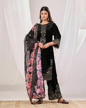 Black Velvet Suit Set with Velvet Dupatta,partywear suit set for eid fes... - $68.00