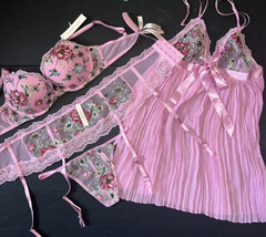 Victoria&#39;s Secret 38C BRA SET+garter+thong+L BABYDOLL gown PINK floral appliqué - £146.36 GBP