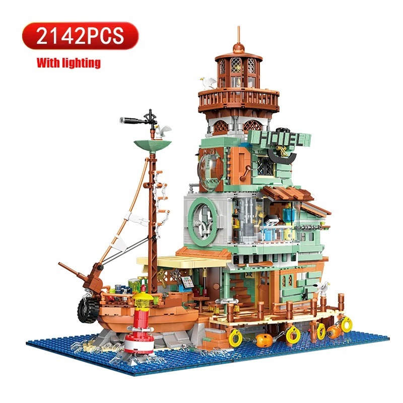 Fishing Village Log Cabin Building Blocks Harbour Hotel Model Toy Bricks - $121.99