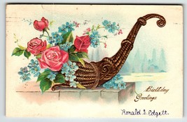 Birthday Flowers Postcard Gold Trimmed Embossed Pink Roses Basket Germany - £5.39 GBP