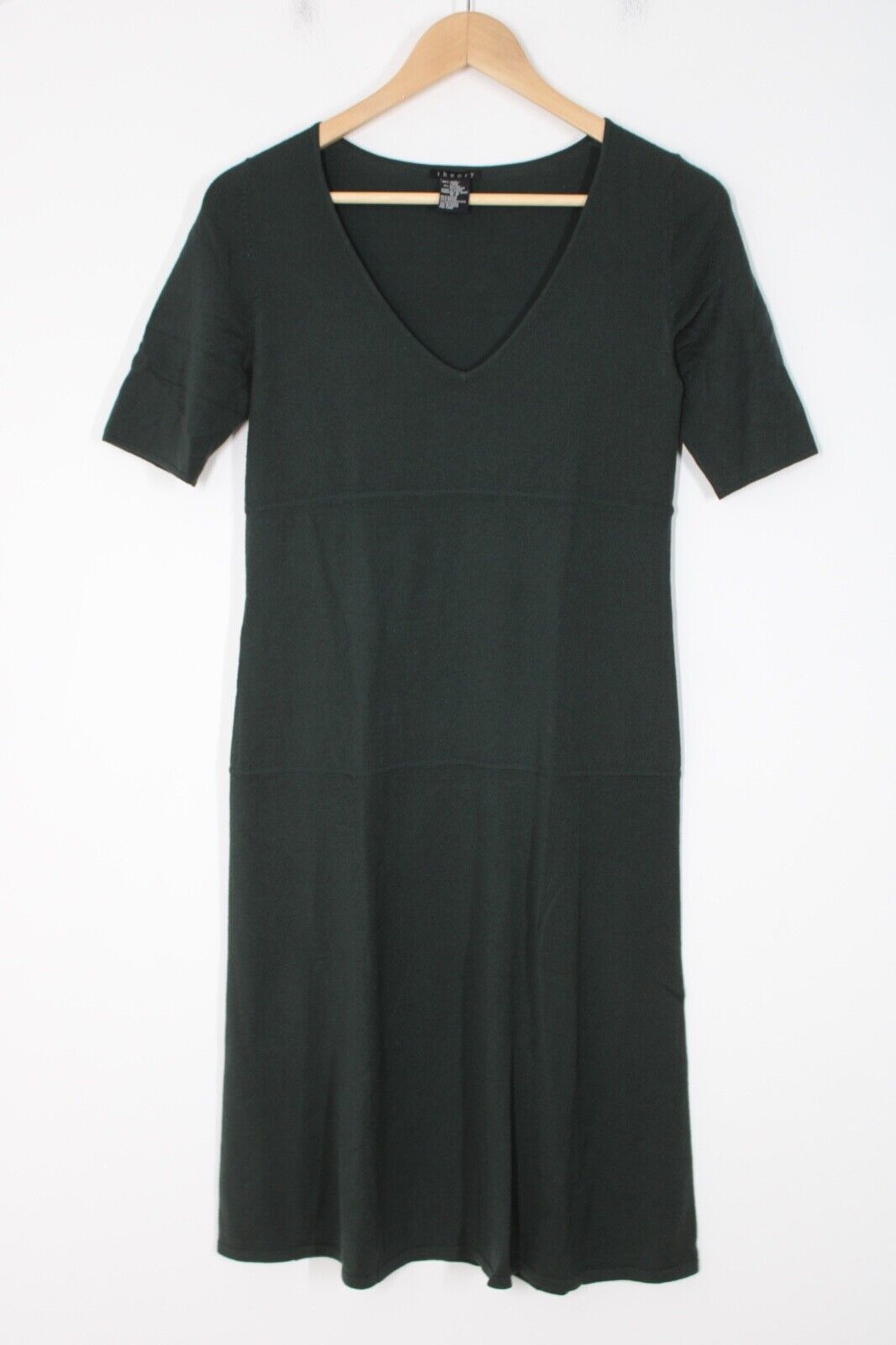 Primary image for Theory S Green Wool Stretch Knit V-Neck Short Sleeve Midi Dress Holes Mend