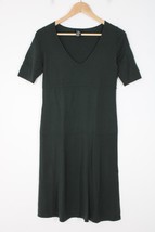 Theory S Green Wool Stretch Knit V-Neck Short Sleeve Midi Dress Holes Mend - £28.19 GBP