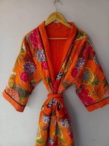 Indian Handmade Kantha Quilt Jacket Kimono Women Wear Boho Orange Color - £36.37 GBP