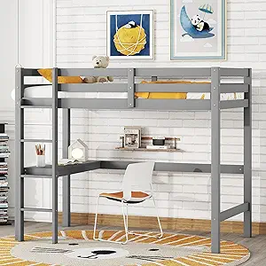 Twin Loft Bed With Desk,Loft Bed For Kids,Wooden Loft Bed Frame,Built In... - $499.99