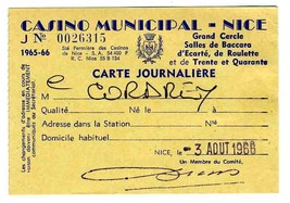 Casino Municipal Nice France Carte Journaliere 1966 France Timbre Fiscal... - $17.80