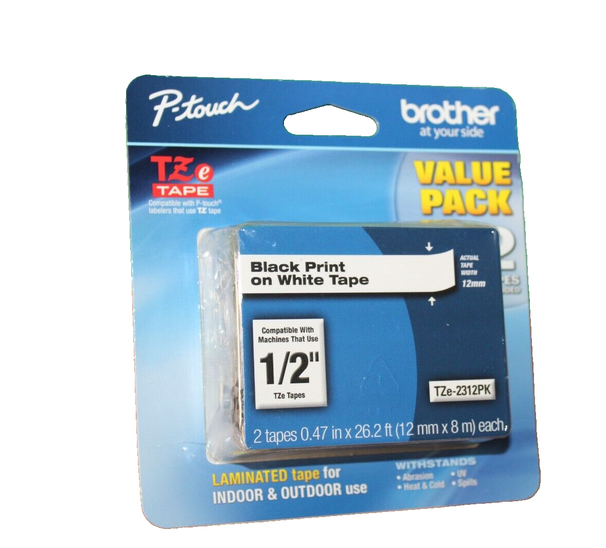 Primary image for Brother P-Touch TZE Tape Value Pack 0.47 in x 26.2 ft 12mm x 8 M Black On White