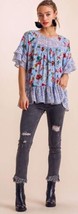 New Umgee Sizes S Sky Blue Floral Print Top Ruffled Sleeves Lace Trim Oversiz - £14.72 GBP