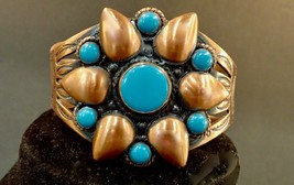 Vintage Bell Trading Post Solid Copper Turquoise Cuff Bracelet Southwest... - $48.50