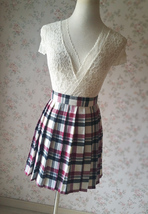 Red White Pleated Plaid Skirt Outfit Women A-line Mini Plaid Pleated Skirts image 5