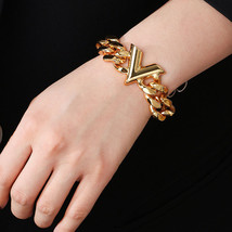 Leather Bracelet with Gold Chain and Letter &quot;V&quot;  - £8.36 GBP