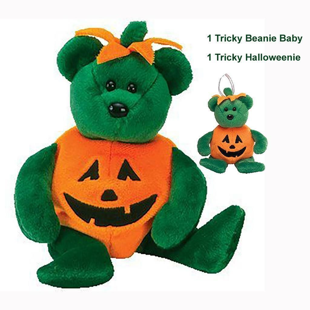 Tricky Green Bear Pumpkin Costume Ty Beanie Baby and Halloweenie Beanie Set MWMT - £11.75 GBP