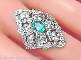 Estate Art Deco 2.25ctw Diamond &amp; Oval Emerald Platinum Statement Cocktail Ring - £3,955.28 GBP