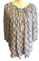 Chaps Denim women white blue purple lattice print blouse XL peasant top tassels - £11.60 GBP