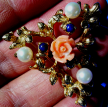 Coral Pearls Lapis Brooch Floral Design Deco Solid 14k Gold Pin 11.4 grams - £1,240.51 GBP