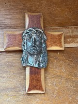 Vintage Two Toned Carved Wood CROSS w Large SIlvertone Metal JESUS Medal... - £8.87 GBP