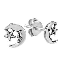 Nighttime Sky Crescent Moon and Star .925 Sterling Silver Stud Earrings - £7.47 GBP