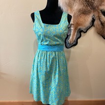 Garnet Hill Blue Green Floral Lined Sleeveless Cotton Dress with Sash 10P - £25.56 GBP
