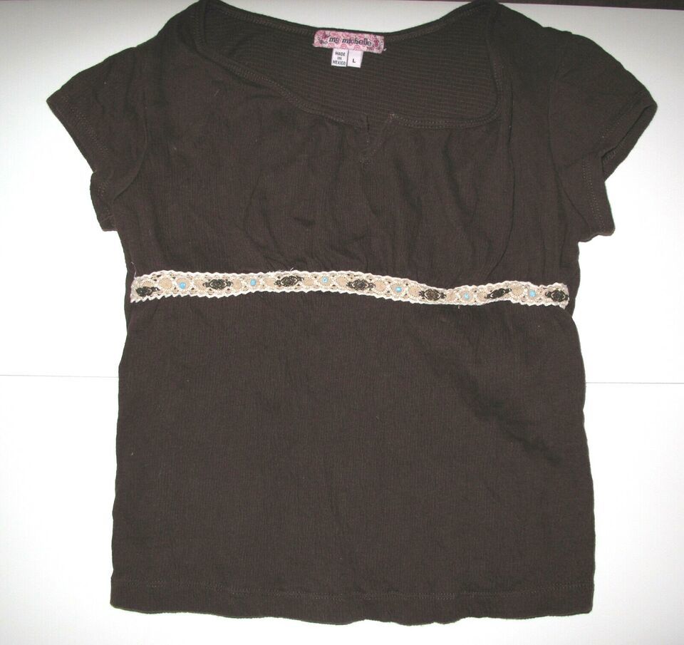 Girls Brown Shirt with Beaded Lace Trim Across Chest, Size L Cotton Blend - $2.86