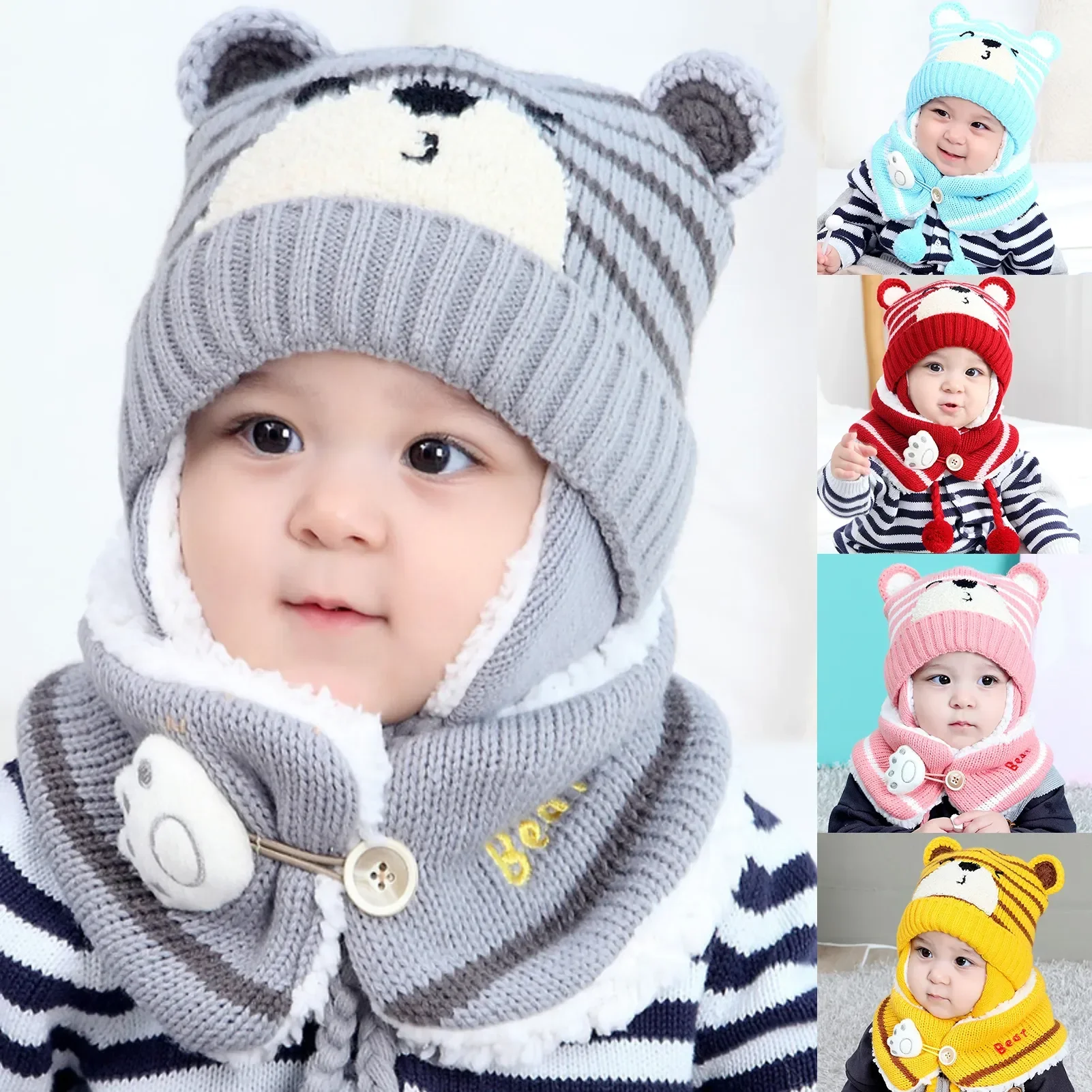 6M-34M Unisex Winter Kids Baby Girls Boys Cartoon Bear Stripe Knit Hat Cap - £16.89 GBP