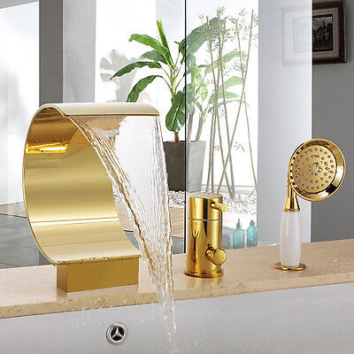 GOLD 3 pcs widespread Waterfall Bathroom Bath Roman Tub Filler shower Fa... - $196.02
