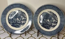 Pair Of Currier &amp; Ives Blue &amp; White Vintage Dinner Plate The Old Grist M... - $11.65
