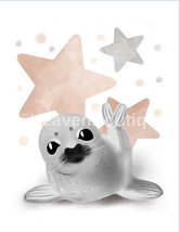 Sweet Nursery Décor Watercolor Art Print Baby Seal Under the Stars 11x14... - $27.50