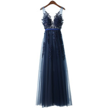 Hot Sell Dark Royal Blue Tulle Long V Neck Prom Dress with Appliques - $128.90