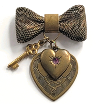 Vintage Mesh Bow Brooch Heart Key Charm Pin Engraved Gold Tone Love Jewelry - $16.99