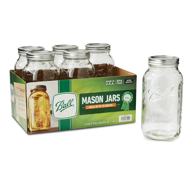 Ball Wide Mouth 64oz Half Gallon Mason Jars with Lids &amp; Bands - 6 Count - £44.02 GBP