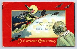 Postcard Halloween Greetings E.C. Banks Artist Signed Witch On Broom Black Cat - £14.55 GBP