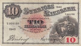 Suecia, 10 KRONOR, 1940, SVERIGES RIKSBANK, P34W, XF, RARO - $18.46