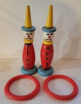 2 Vtg Wooden Painted Clowns Figurines with 2 Plastic Rings Ring Toss Gam... - $39.20 CAD