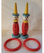 2 Vtg Wooden Painted Clowns Figurines with 2 Plastic Rings Ring Toss Gam... - $39.35 CAD