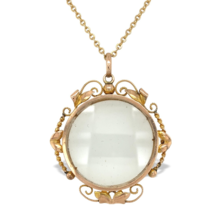 9k Yellow Gold Victorian Glass Locket w/ Applied Leaves 10k Gold Chain (... - $543.51