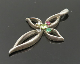LENOX 925 Silver - Vintage Pearl Ruby Emerald &amp; Multi-Stone Pendant - PT19991 - £30.89 GBP