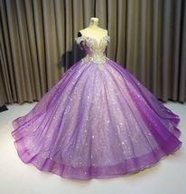 Purple Off The Shoulder Ball Gown Bling Bling Prom Dress - £238.61 GBP