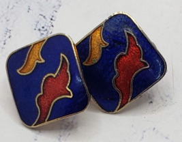 Vintage Colorful Enamel Blue, Red and Yellow Square Clip On Earrings - £7.75 GBP