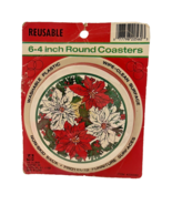 Vintage 6 Reusable Plastic Coasters Poinsettia Christmas Flowers 4 in Round - $8.99