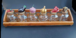 Spice Rack w/ 6 Glass Spice Jars &amp; Wooden Holder Wall Mount or Table Retro - £15.06 GBP