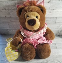 Vintage 1988 Dakin Girl Teddy Bear Tag 13&quot; Plush Stuffed Animal w/Basket Bow - £14.54 GBP