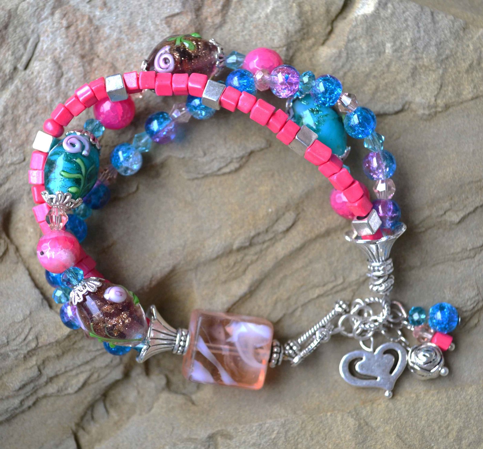 Multistrand bracelet, statement bracelet, handmade pink and blue bracelet (B29) - £15.18 GBP