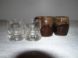 Vintage Lot of 4 Mini Clear Class &amp; Brown Japan Marked Pottery Beer Mugs – brown - £6.86 GBP